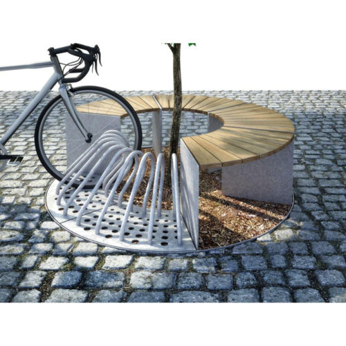 Grille d'arbre SEGMO avec 4 assises bois tropical et 2 appuis vélos