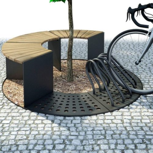 Grille d'arbre SEGMO avec 3 assises chêne et 1 appui vélo